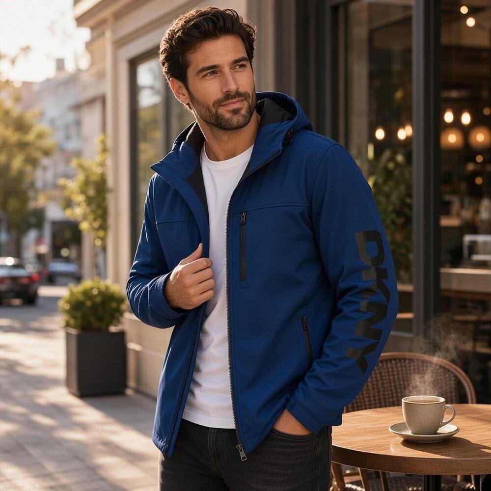 DKNY Men’s Hooded Soft‑Shell Jacket – Size L – NWOT – Blue (0007)